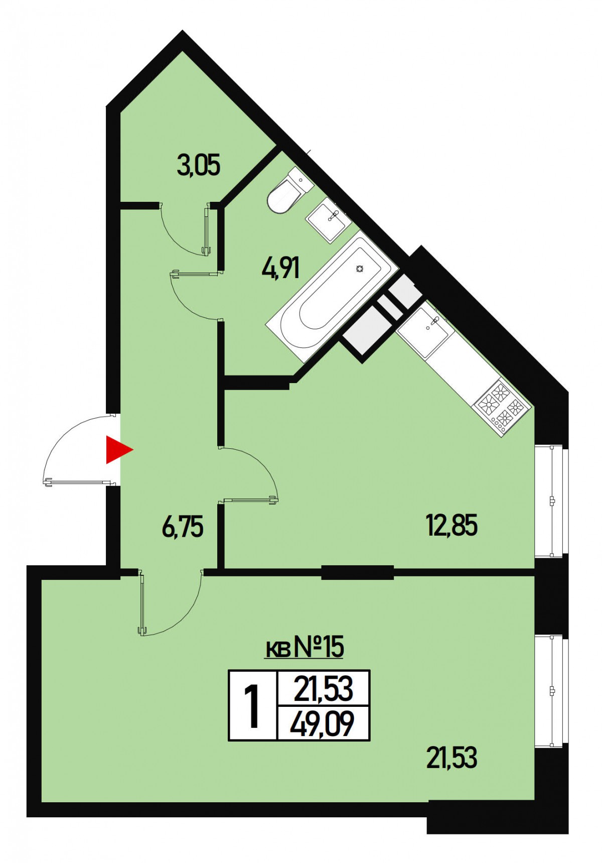 Однокомнатная квартира 48 м² №15 улица Генерала Донскова, дом 27, корпус 3  купить по цене 6090100 от застройщика в ЖК Борисоглебское деревня Зверево